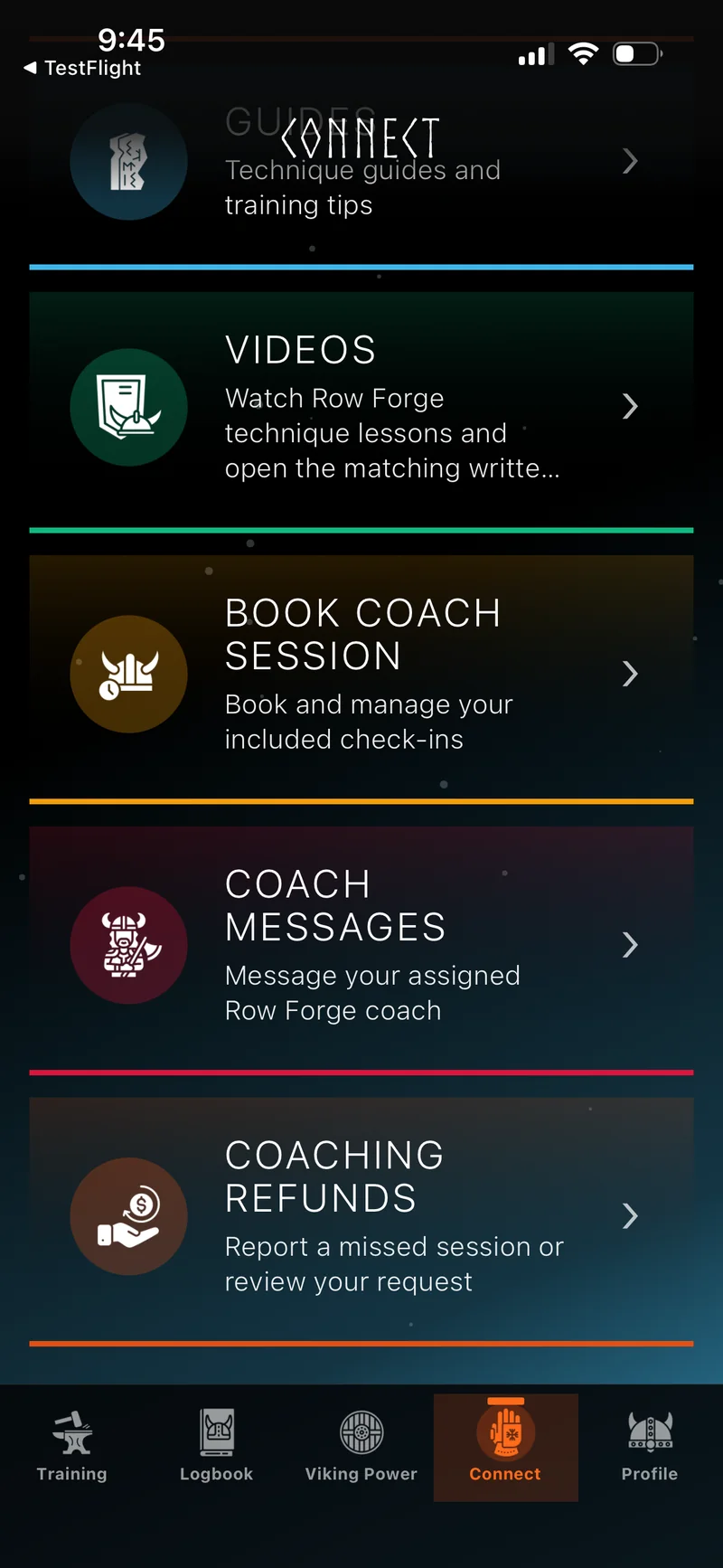 Pantalla de conexión de entrenamiento de Row Forge con reserva de sesiones con el entrenador, mensajes de entrenamiento completo y solicitudes de reembolso de entrenamiento