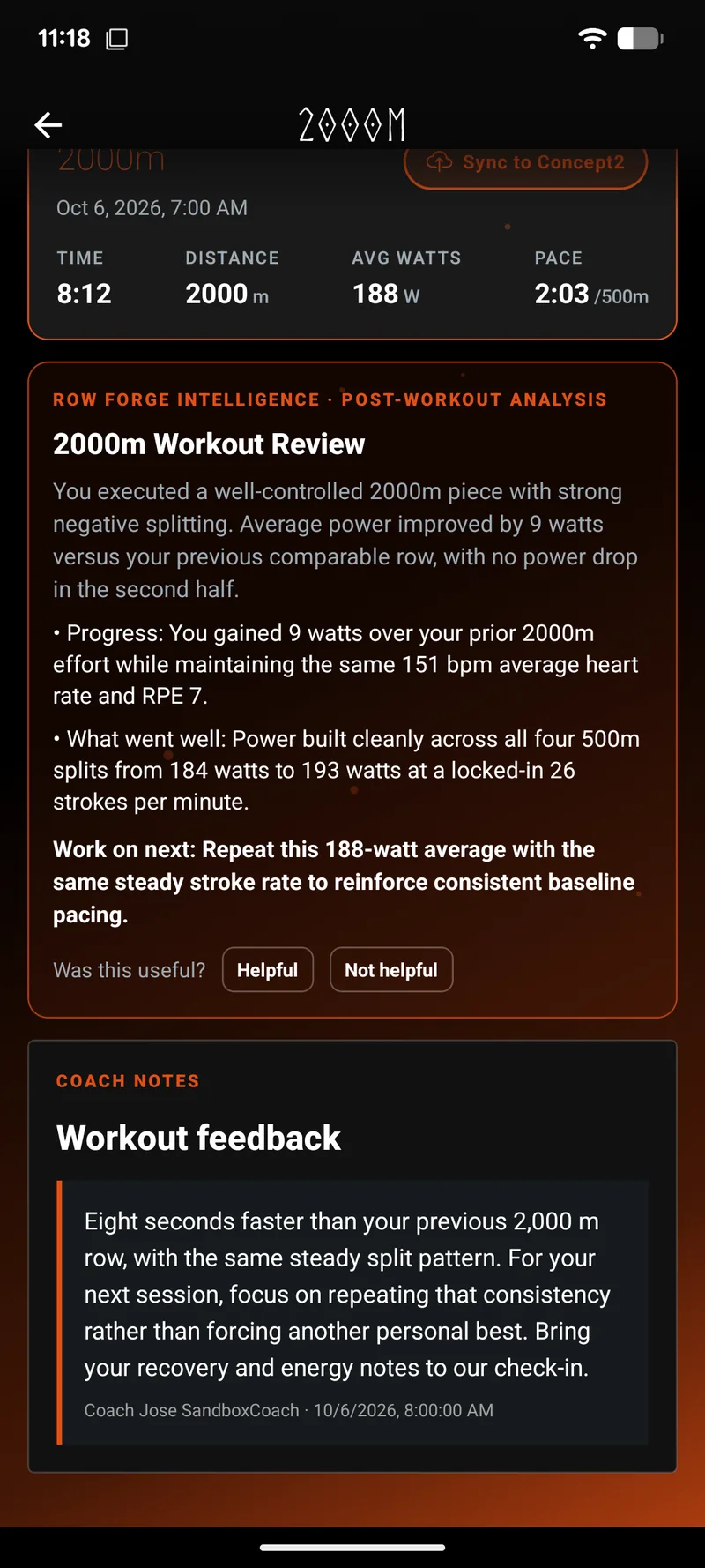Diario de entrenamiento de Row Forge Full Coaching con un resultado de 2000m, análisis de Intelligence y un ejemplo de comentario del entrenador sobre el ritmo y la recuperación