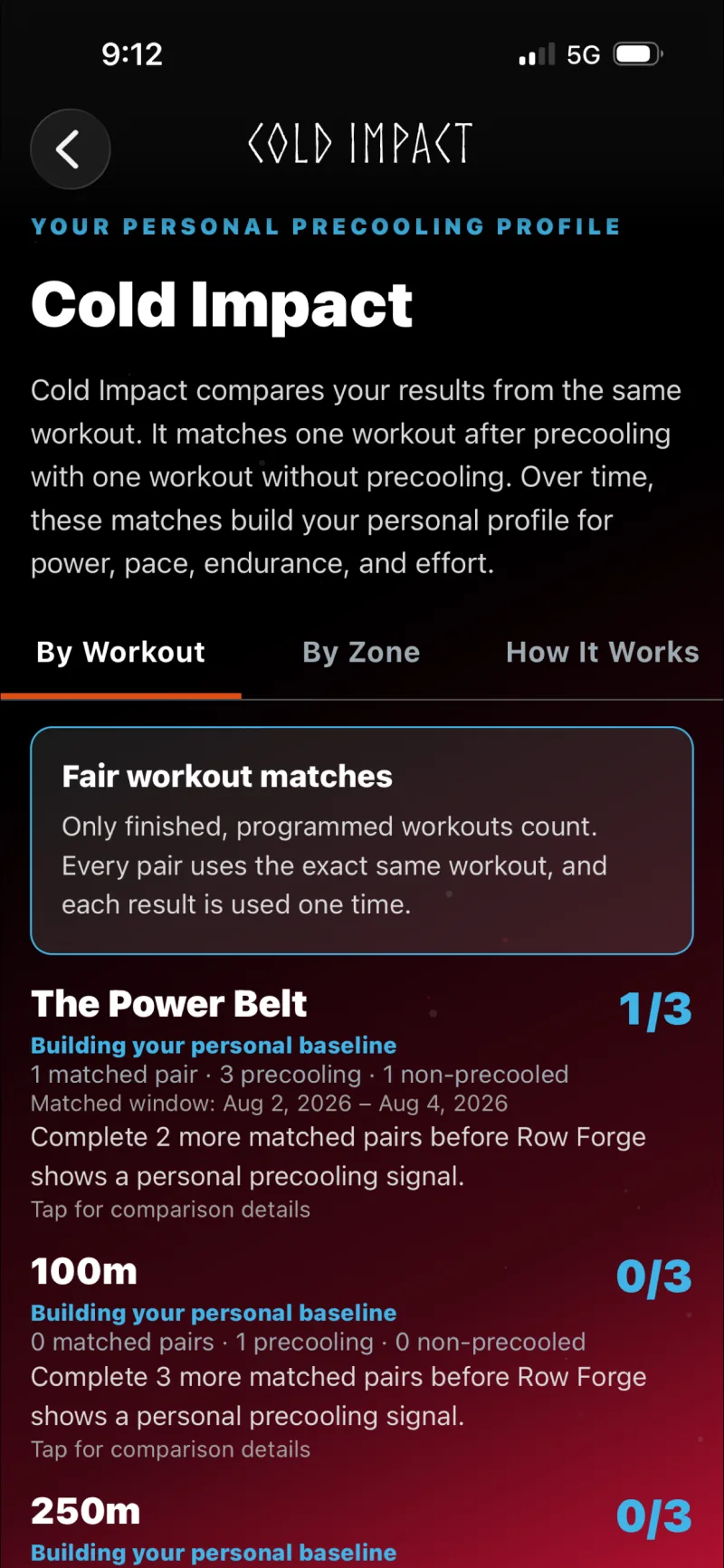 Perfil de entrenamiento de Cold Impact y resultados emparejados en la app de Row Forge para iPhone