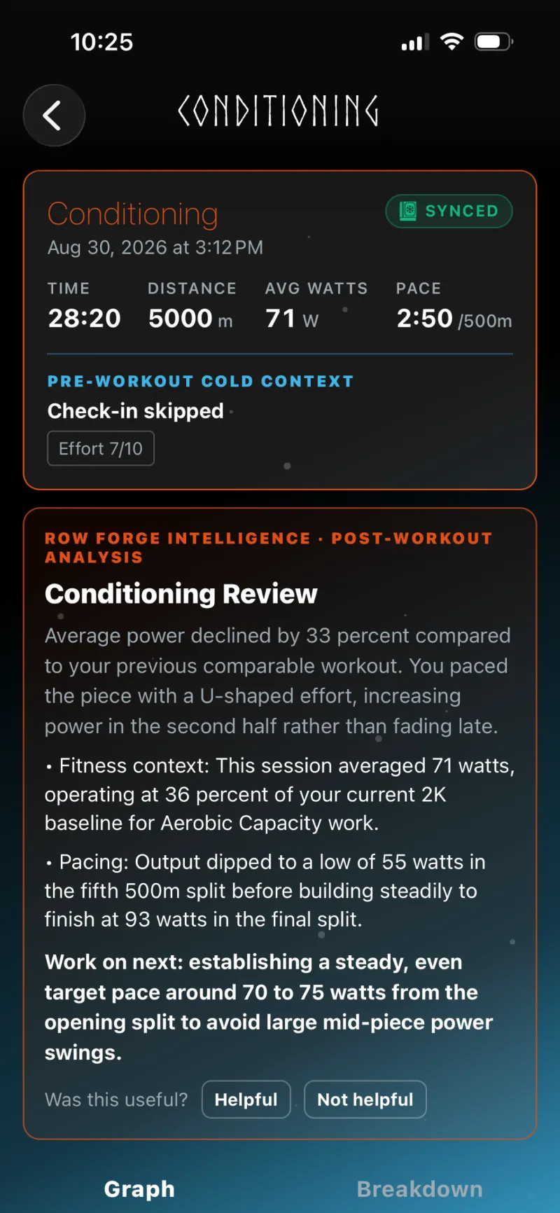 Revisión del acondicionamiento post-entrenamiento y análisis de entrenamiento de Row Forge