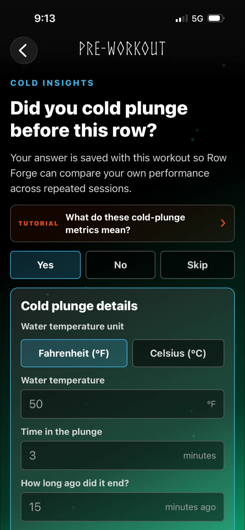 Pantalla de registro previo al entrenamiento de Row Forge antes de comenzar una sesión