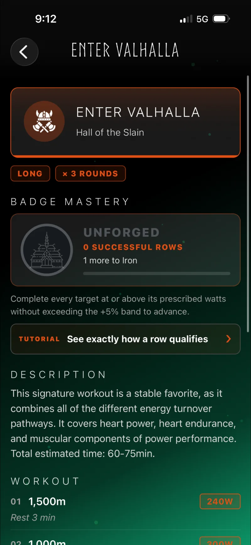 Detalles del entrenamiento exclusivo de Row Forge con objetivo de entrenamiento e insignia