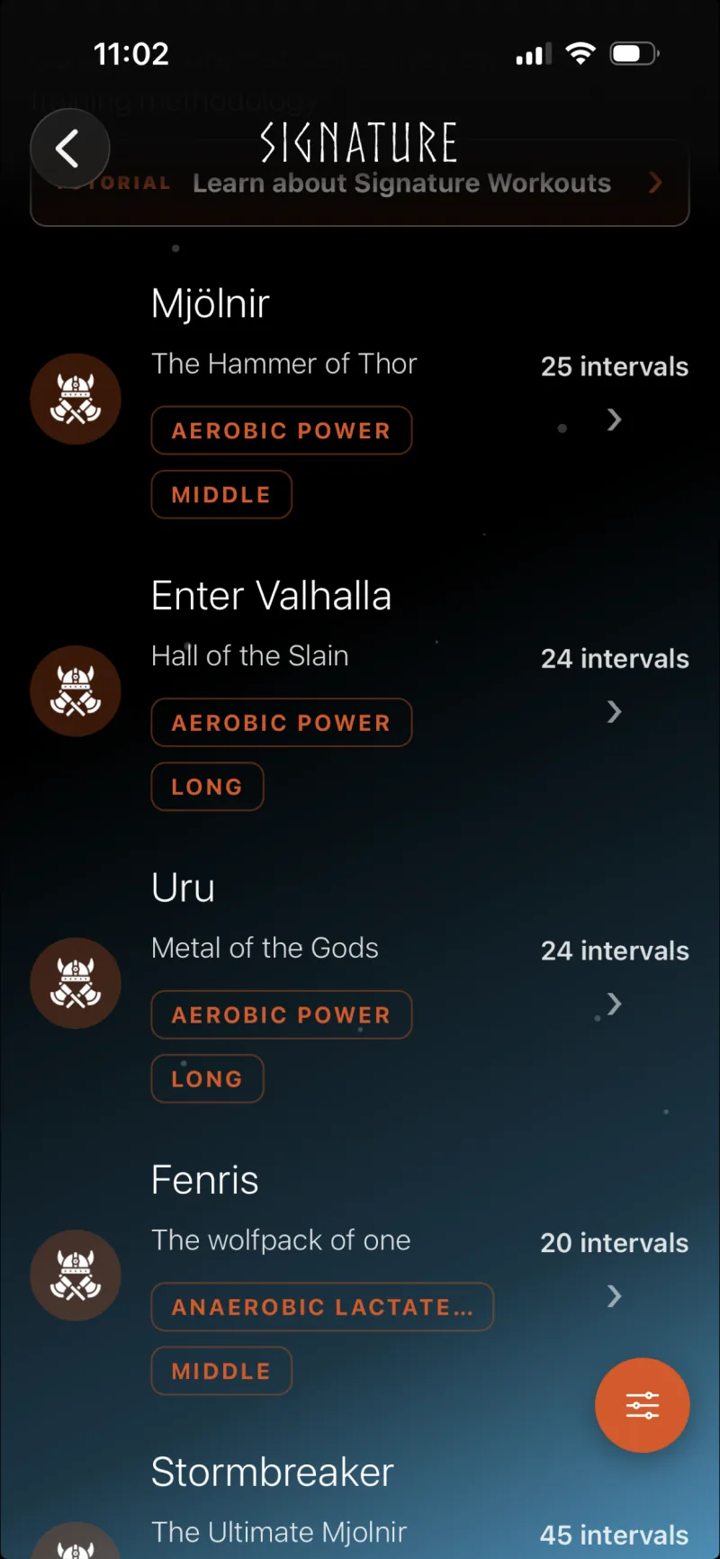 Lista de entrenamientos exclusivos de Row Forge en la aplicación para iPhone