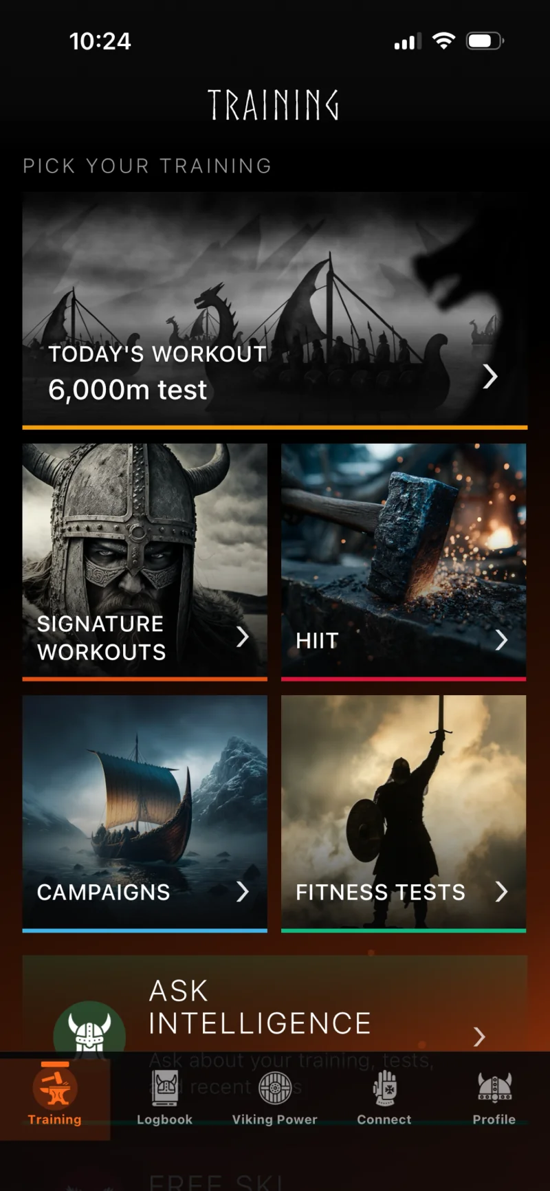 Pantalla de entrenamiento de Row Forge para iPhone con el entrenamiento de hoy, entrenamientos exclusivos, HIIT, planes de entrenamiento y pruebas de condición física