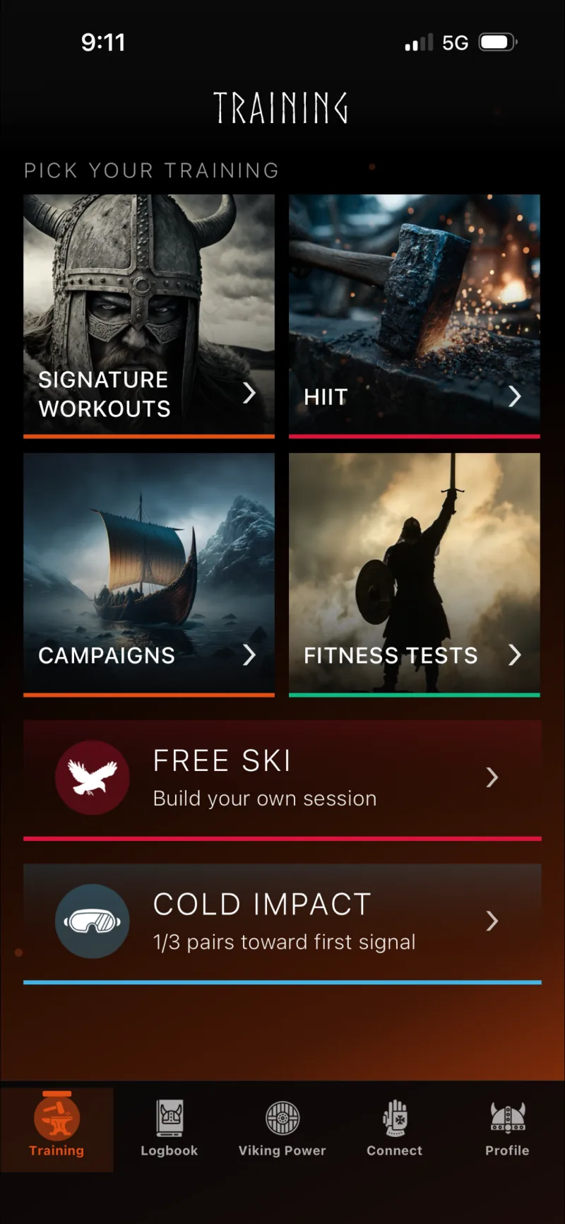 Catálogo de entrenamiento de Row Forge para iPhone con categorías de entrenamiento y sesión de Cold Impact