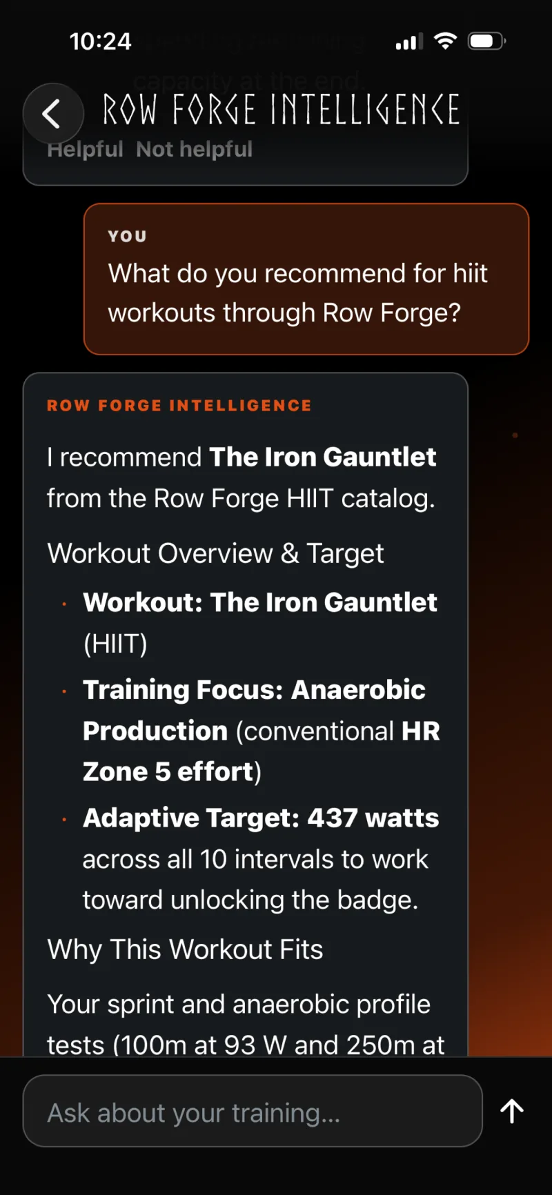 Chat de Row Forge Intelligence que recomienda un entrenamiento y explica la recomendación